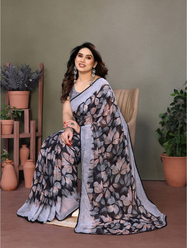 Women's Chiffon Printed Saree With Unstitched Blouse 5.5Mtr (Grey)